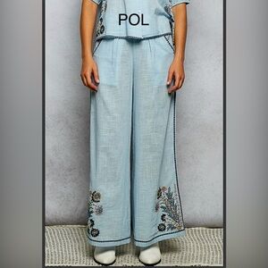 BPB224-3💙🤍NEW! POL Perfection in Sky Blue embroidered wide leg pants-fun+flirty